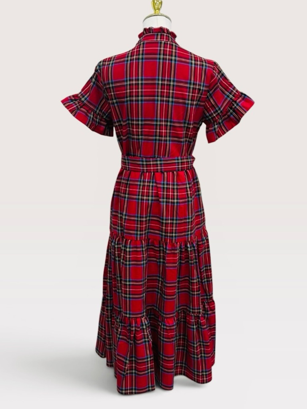 J. MARIE XS HOLLIN BELTED SHORT SLEEVE MIDI DRESS RED TARTAN PLAID NWT $180 - Picture 9 of 15